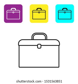 Black line Briefcase icon isolated on white background. Business case sign. Business portfolio. Set icons colorful square buttons. Vector Illustration