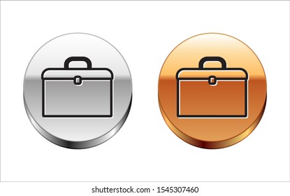 Black line Briefcase icon isolated on white background. Business case sign. Business portfolio. Silver-gold circle button. Vector Illustration
