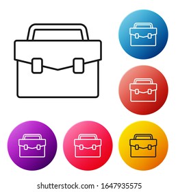 Schwarze Linie, Briefkasten Symbol einzeln auf weißem Hintergrund. Geschäftsfallzeichen. Geschäftsportfolio. Stellen Sie die Symbole bunter Kreis-Schaltflächen ein. Vektorillustration-Illustration