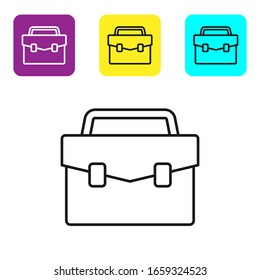 Icono de Maletín de línea negra aislado en fondo blanco. Signo de caso comercial. Cartera de negocios. Defina los iconos con los botones cuadrados coloridos. Ilustración vectorial