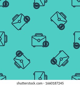 Black line Briefcase and money icon isolated seamless pattern on green background. Business case sign. Business portfolio.  Vector Illustration