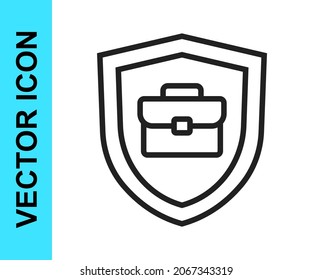 Maletín de línea negra con icono de escudo aislado en fondo blanco. Concepto de seguro. Seguridad, seguridad, protección, concepto de protección.  Vector