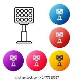 Black line Bright stadium lights icon isolated on white background. Spotlight on a football field. Floodlight, light projector. Set icons colorful circle buttons. Vector Illustration