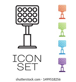 Black line Bright stadium lights icon isolated on white background. Spotlight on a football field. Floodlight, light projector. Set icons colorful. Vector Illustration