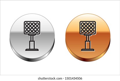 Black line Bright stadium lights icon isolated on white background. Spotlight on a football field. Floodlight, light projector. Silver-gold circle button. Vector Illustration