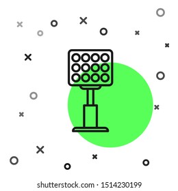 Black line Bright stadium lights icon isolated on white background. Spotlight on a football field. Floodlight, light projector.  Vector Illustration