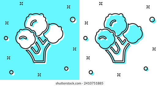 Black line Broccoli icon isolated on green and white background. Random dynamic shapes. Vector