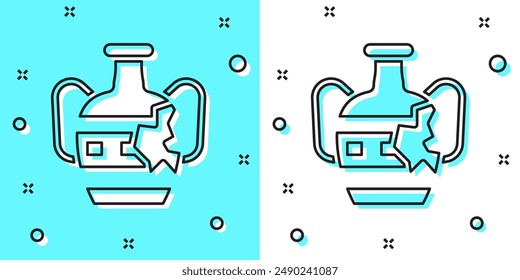 Black line Broken ancient amphorae icon isolated on green and white background. Random dynamic shapes. Vector