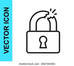 Black line Broken or cracked lock icon isolated on white background. Unlock sign.  Vector