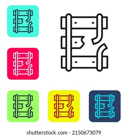 Black line Broken or cracked rails on a railway icon isolated on white background. Set icons in color square buttons. Vector