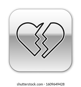 Black line Broken heart or divorce icon isolated on white background. Love symbol. Valentines day. Silver square button. Vector Illustration