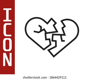 Black line Broken heart or divorce icon isolated on white background. Love symbol. Valentines day.  Vector