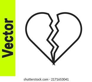Black line Broken heart or divorce icon isolated on white background. Love symbol. Happy Valentines day.  Vector