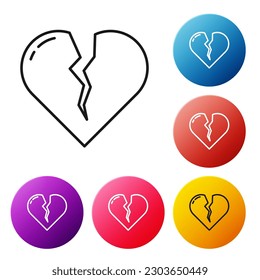 Black line Broken heart or divorce icon isolated on white background. Love symbol. Valentines day. Set icons colorful circle buttons. Vector Illustration