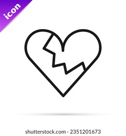 Black line Broken heart or divorce icon isolated on white background. Love symbol. Valentines day.  Vector