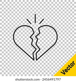 Black line Broken heart or divorce icon isolated on transparent background. Love symbol. Valentines day.  Vector