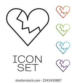 Black line Broken heart or divorce icon isolated on white background. Love symbol. Valentines day. Set icons colorful. Vector