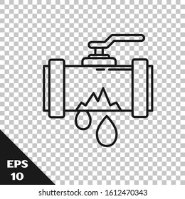 Black line Broken metal pipe with leaking water icon isolated on transparent background.  Vector Illustration