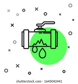 Black line Broken metal pipe with leaking water icon isolated on white background.  Vector Illustration