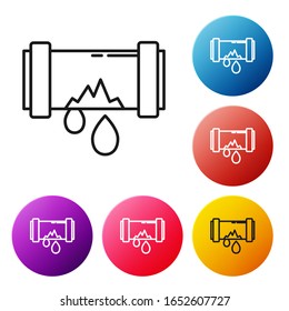 Black line Broken metal pipe with leaking water icon isolated on white background. Set icons colorful circle buttons. Vector Illustration