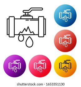 Black line Broken metal pipe with leaking water icon isolated on white background. Set icons colorful circle buttons. Vector Illustration