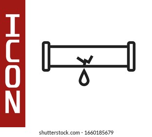 Black line Broken metal pipe with leaking water icon isolated on white background.  Vector Illustration