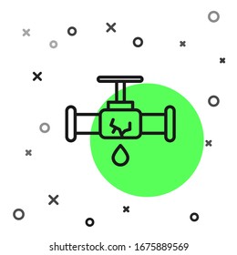 Línea negra Tubo de metal roto con el icono de fugas de agua aislado sobre fondo blanco.  Ilustración vectorial