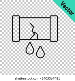 Black line Broken oil pipe with valve icon isolated on transparent background.  Vector
