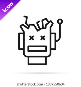 Black line Broken robot icon isolated on white background. Artificial intelligence, machine learning, cloud computing.  Vector