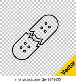 Black line Broken skateboard deck icon isolated on transparent background. Extreme sport. Sport equipment.  Vector