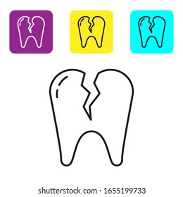 Black line Broken tooth icon isolated on white background. Dental problem icon. Dental care symbol. Set icons colorful square buttons. Vector Illustration