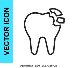Línea negra Icono de diente roto aislado en fondo blanco. Icono de problema dental. Símbolo de cuidado dental.  Vector