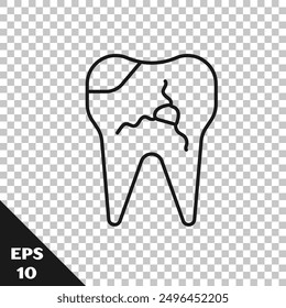 Black line Broken tooth icon isolated on transparent background. Dental problem icon. Dental care symbol.  Vector Illustration