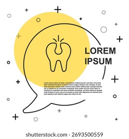 Linha preta Ícone de dente quebrado isolado no fundo branco. Ícone de problema dentário. Símbolo de cuidados dentários. Formas dinâmicas aleatórias. Vetor