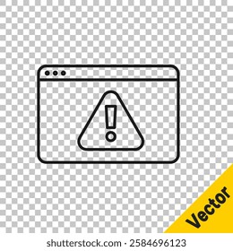 Black line Browser with exclamation mark icon isolated on transparent background. Alert message smartphone notification.  Vector