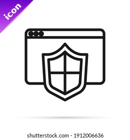 Black line Browser with shield icon isolated on white background. Security, safety, protection, privacy concept.  Vector
