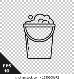 Black line Bucket with foam and bubbles icon isolated on transparent background. Cleaning service concept.  Vector Illustration