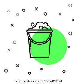 Black line Bucket with foam and bubbles icon isolated on white background. Cleaning service concept.  Vector Illustration