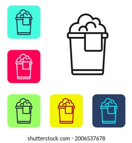 Black line Bucket with foam and bubbles icon isolated on white background. Cleaning service concept. Set icons in color square buttons. Vector