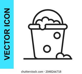 Black line Bucket with foam and bubbles icon isolated on white background. Cleaning service concept.  Vector
