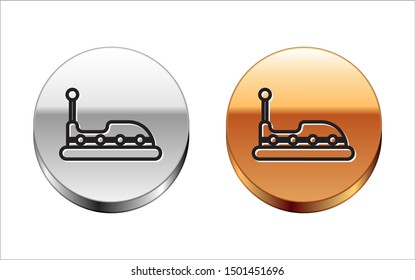 Black line Bumper car icon isolated on white background. Amusement park. Childrens entertainment playground, recreation park. Silver-gold circle button. Vector Illustration