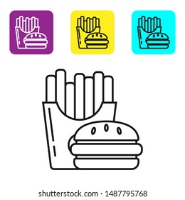 Black line Burger and french fries in carton package box icon isolated on white background. Hamburger, cheeseburger sandwich. Fast food menu. Set icons colorful square buttons. Vector Illustration