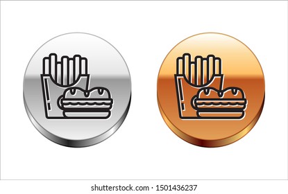 Black line Burger and french fries in carton package box icon isolated on white background. Hamburger, cheeseburger sandwich. Fast food menu. Silver-gold circle button. Vector Illustration