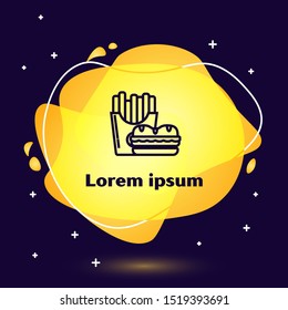 Black line Burger and french fries in carton package box icon on dark blue background. Hamburger, cheeseburger sandwich. Fast food menu. Abstract banner with liquid shapes. Vector Illustration