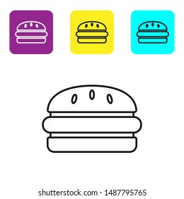Black line Burger icon isolated on white background. Hamburger icon. Cheeseburger sandwich sign. Fast food menu. Set icons colorful square buttons. Vector Illustration