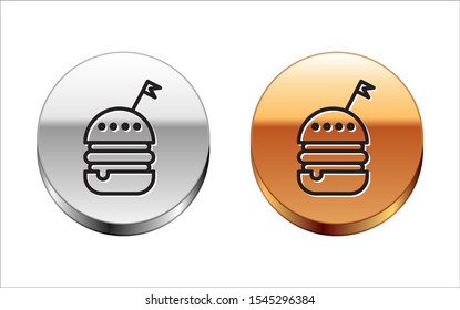Black line Burger icon isolated on white background. Hamburger icon. Cheeseburger sandwich sign. Fast food menu. Silver-gold circle button. Vector Illustration