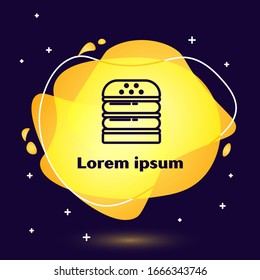 Black line Burger icon isolated on blue background. Hamburger icon. Cheeseburger sandwich sign. Fast food menu. Abstract banner with liquid shapes. Vector Illustration
