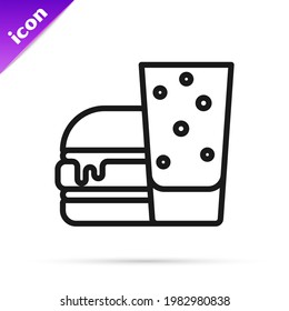 Icono de Burger de línea negra aislado en fondo blanco. Icono de Hamburguesa. Signo de sándwich de hamburguesa de queso. Menú de comida rápida.  Vector