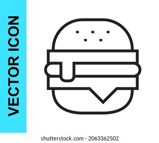 Black line Burger icon isolated on white background. Hamburger icon. Cheeseburger sandwich sign. Fast food menu.  Vector