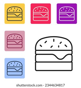 Black line Burger icon isolated on white background. Hamburger icon. Cheeseburger sandwich sign. Fast food menu. Set icons in color square buttons. Vector